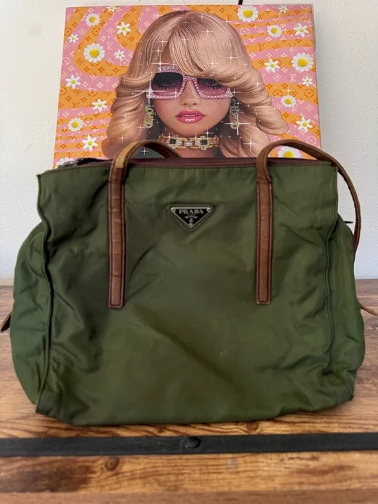 Prada Olive Green Nylon Tote with Brown Leather Trim. - Picture 1 of 9